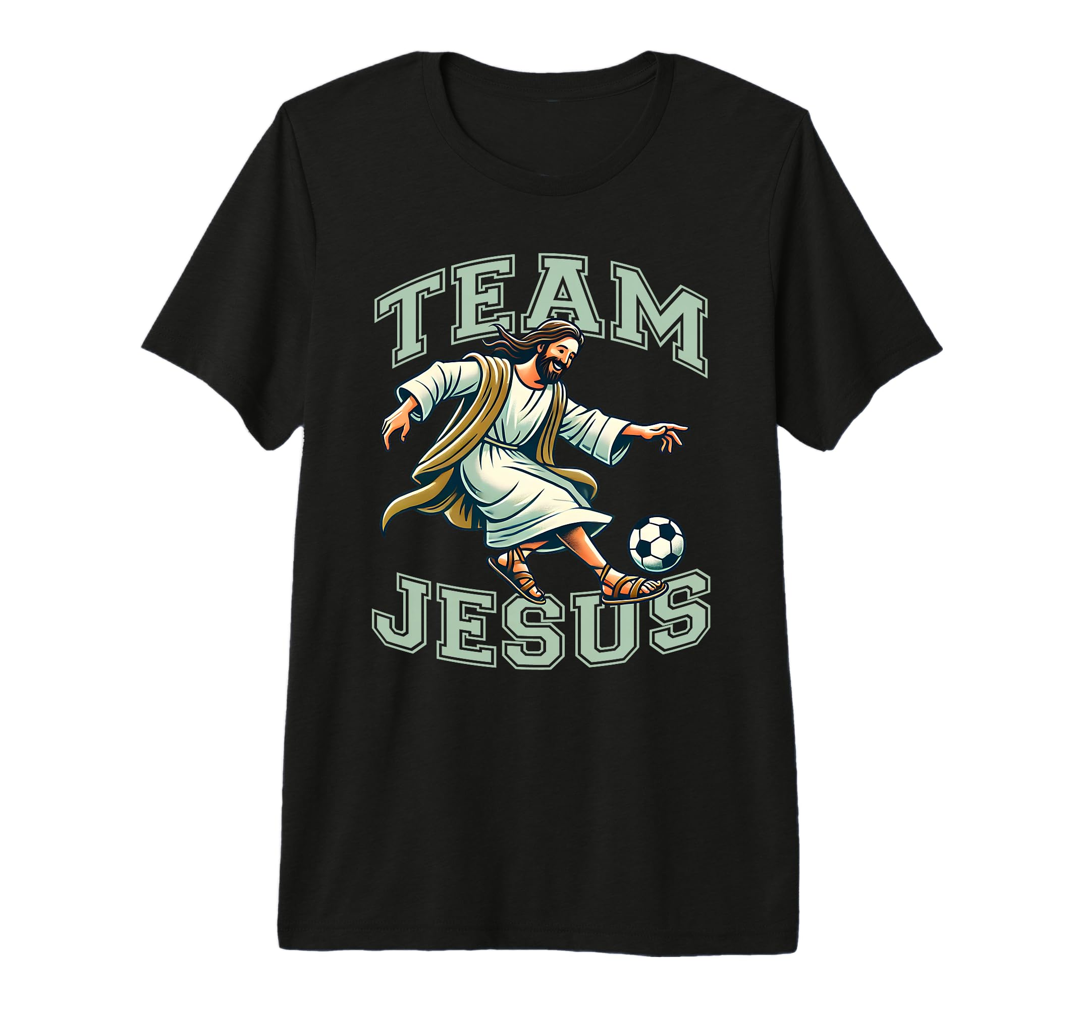 Black unisex T-shirt with large 'TEAM JESUS' soccer player graphic on front.