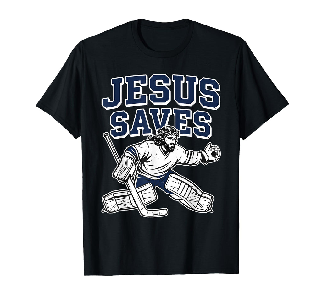 Black T-shirt with “JESUS SAVES” hockey goalie graphic on the front