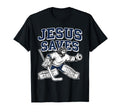 Black T-shirt with “JESUS SAVES” hockey goalie graphic on the front