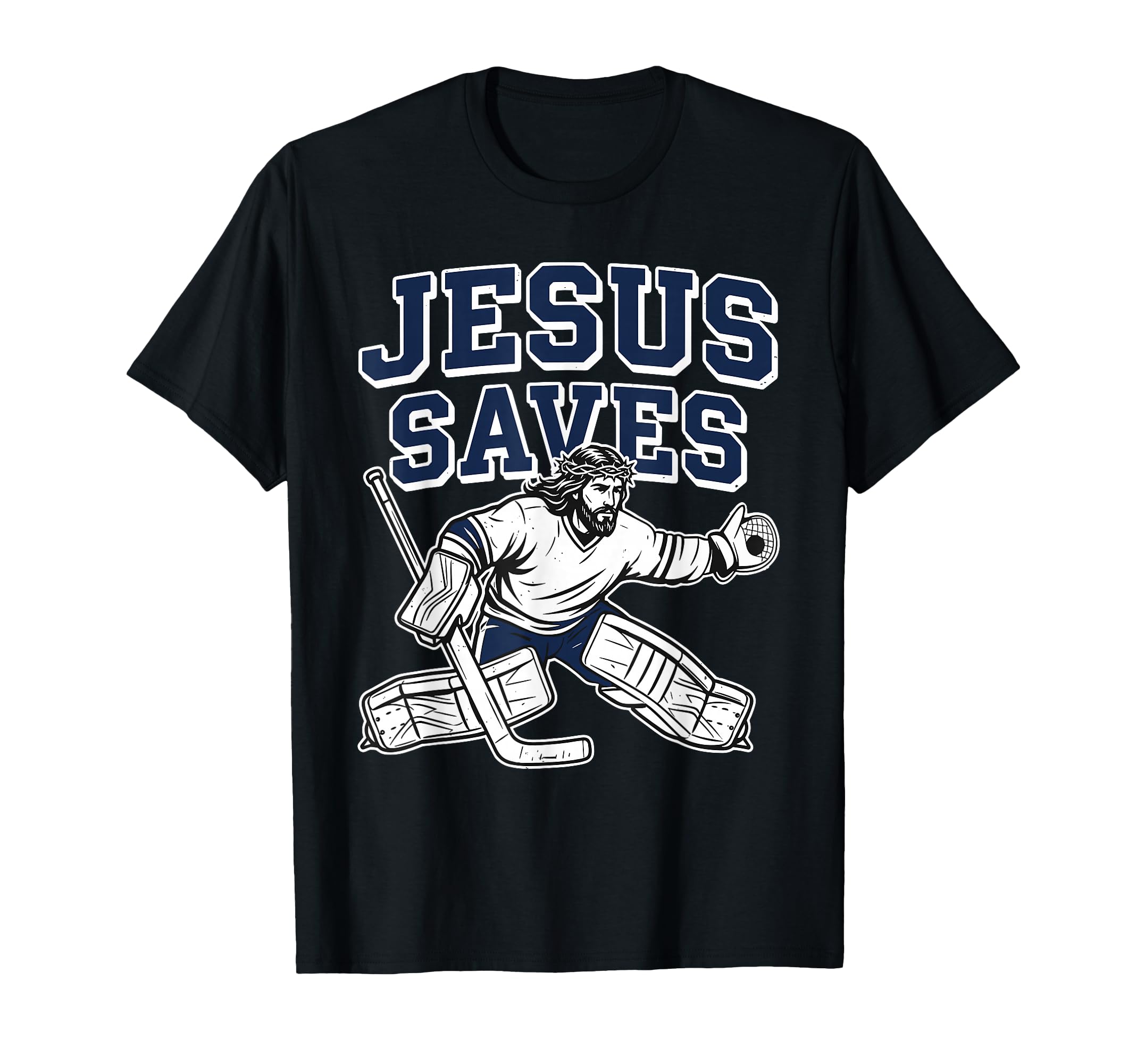 Black T-shirt with “JESUS SAVES” hockey goalie graphic on the front