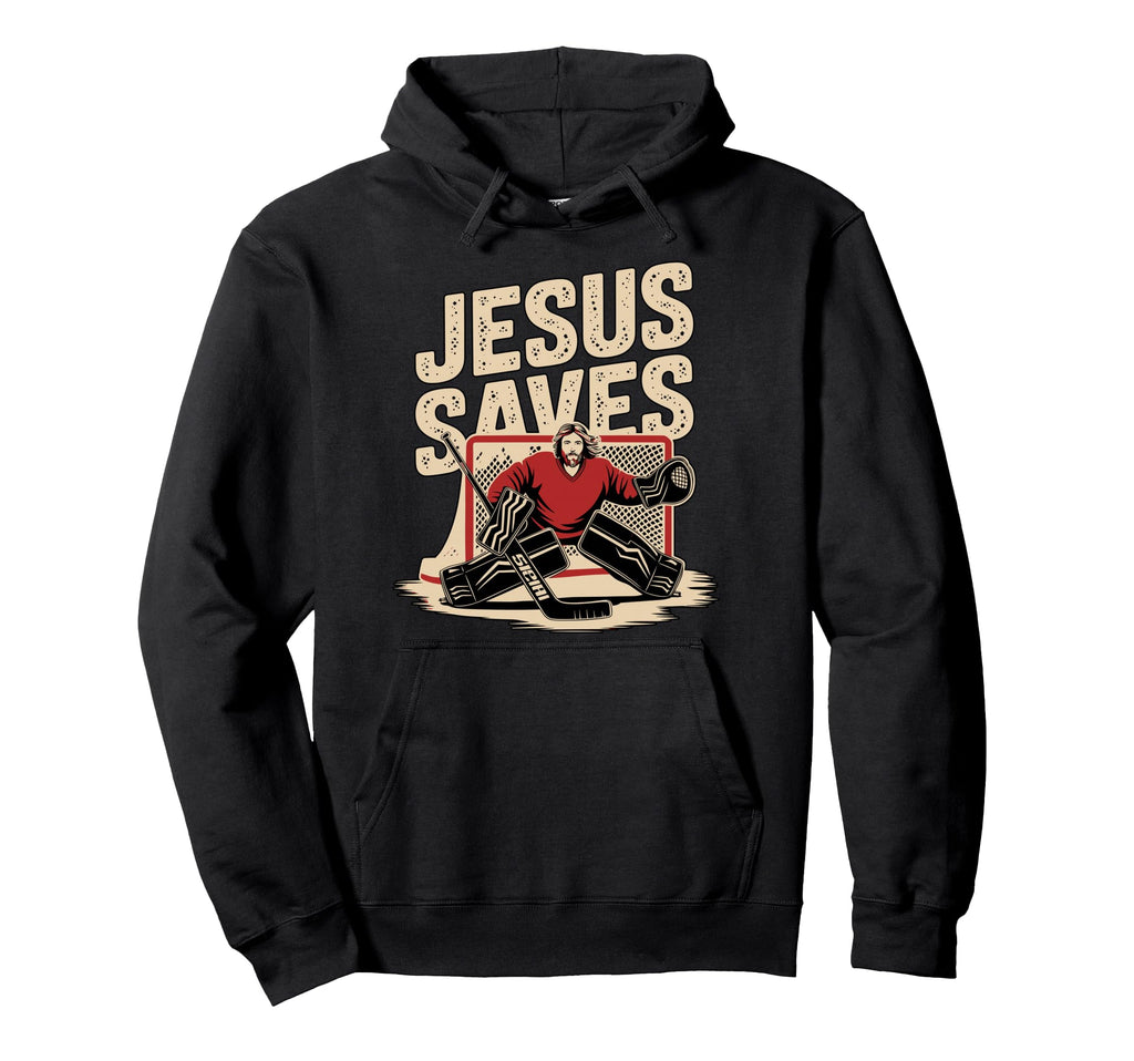 Black hoodie with 'JESUS SAVES' hockey goalie graphic on front