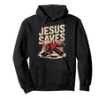 Black hoodie with 'JESUS SAVES' hockey goalie graphic on front