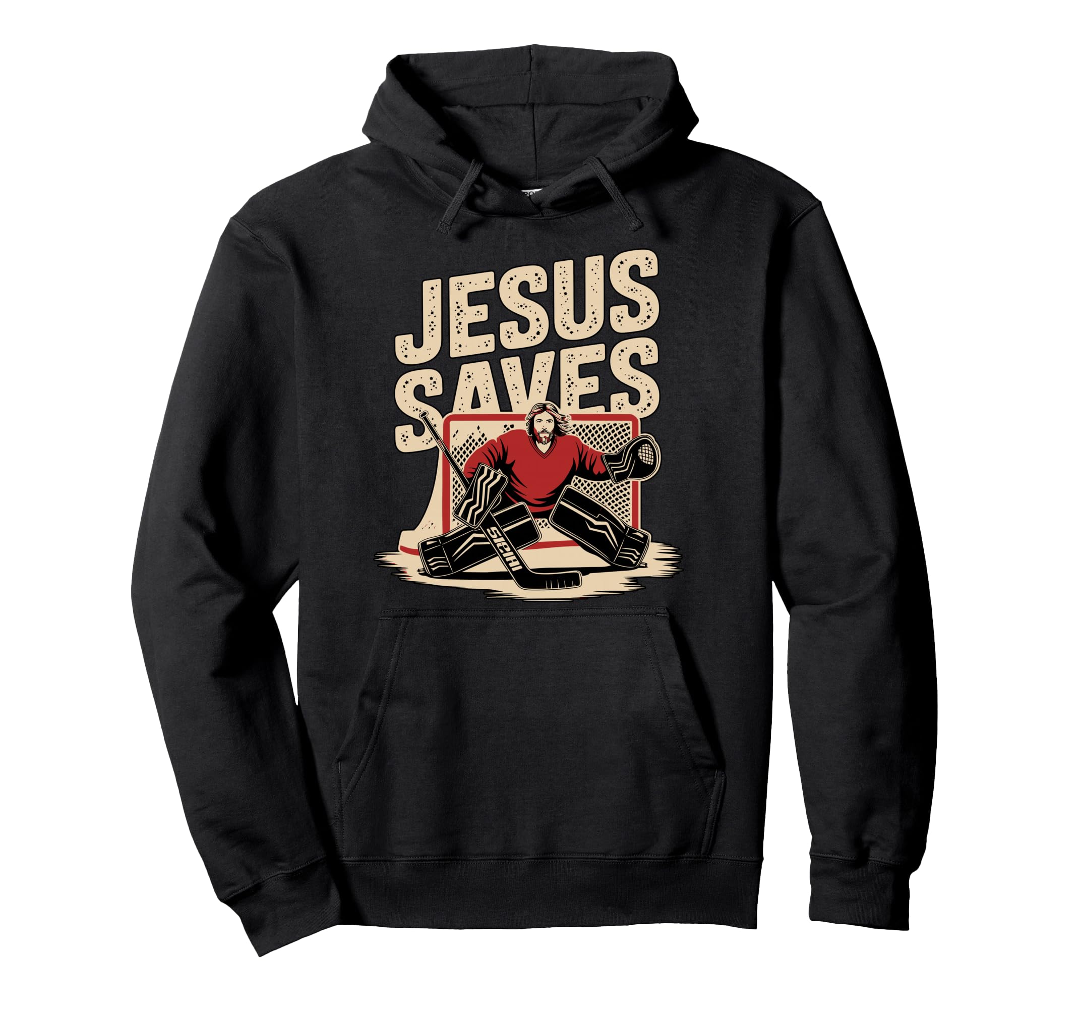 Black hoodie with 'JESUS SAVES' hockey goalie graphic on front