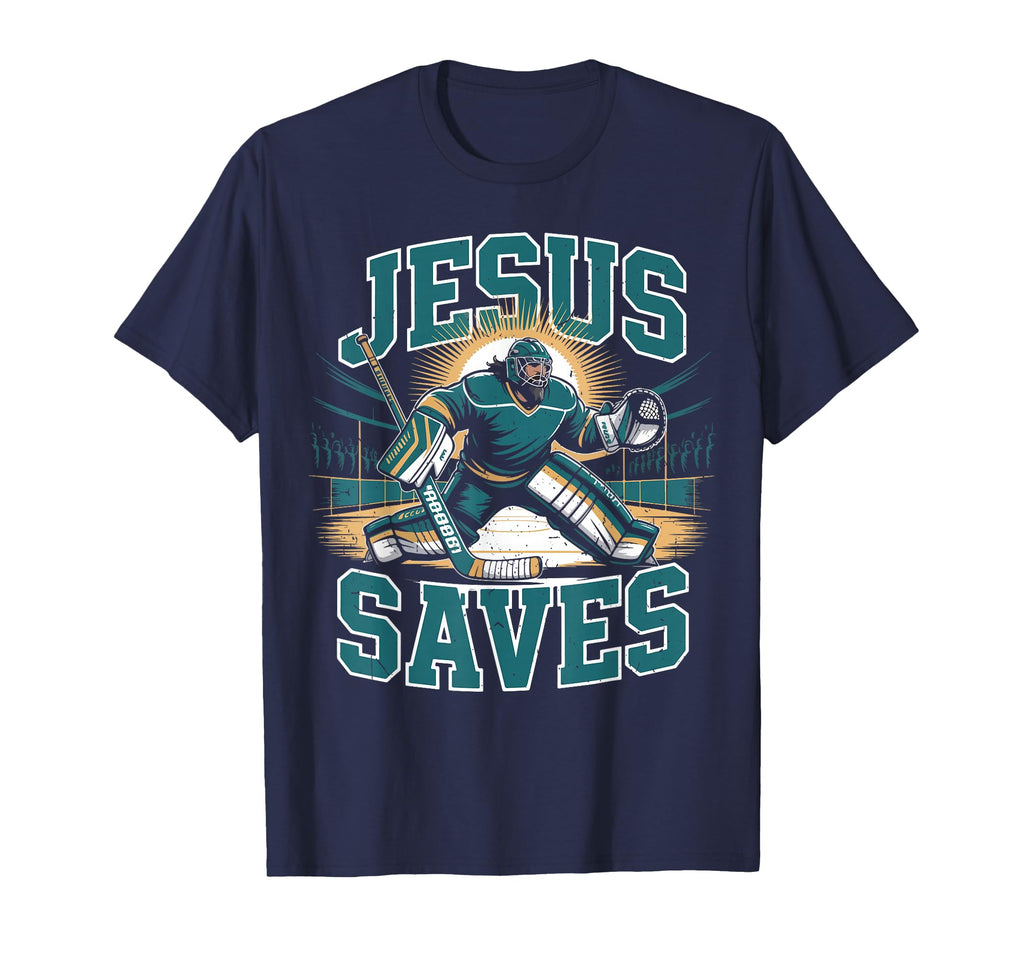 Navy T-shirt with large goalie graphic: Jesus Saves print