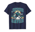 Navy T-shirt with large goalie graphic: Jesus Saves print