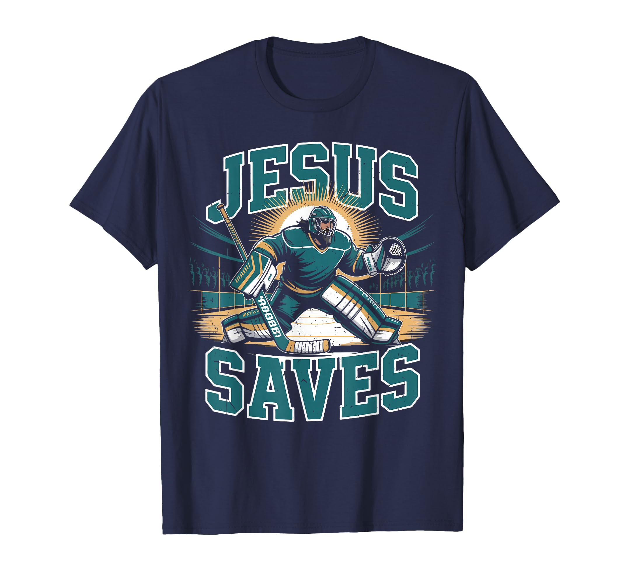 Navy T-shirt with large goalie graphic: Jesus Saves print