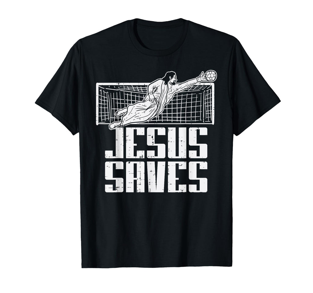 Black T-shirt with soccer goalkeeper graphic and “Jesus Saves” text print