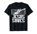 Black T-shirt with soccer goalkeeper graphic and “Jesus Saves” text print