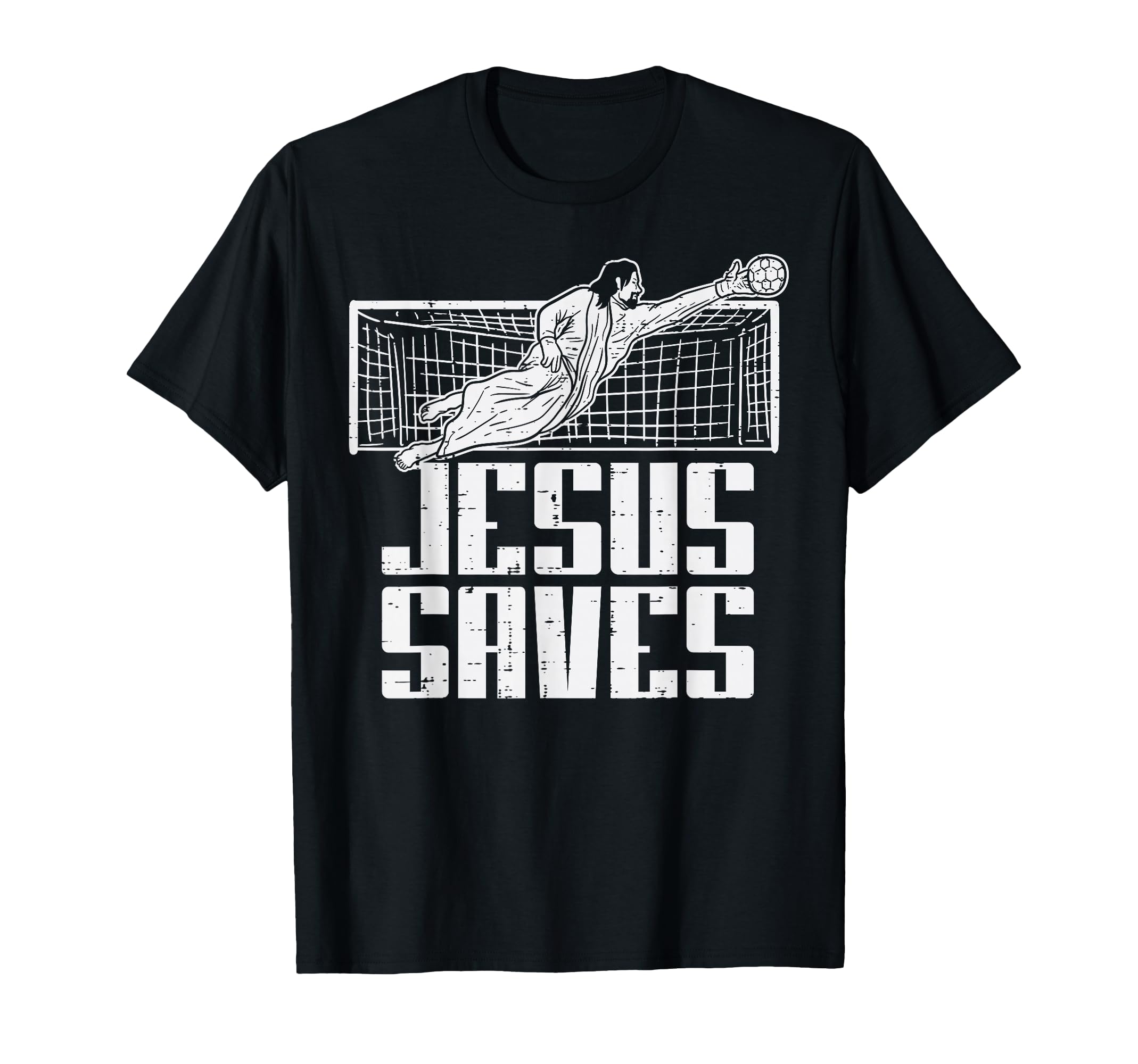Black T-shirt with soccer goalkeeper graphic and “Jesus Saves” text print