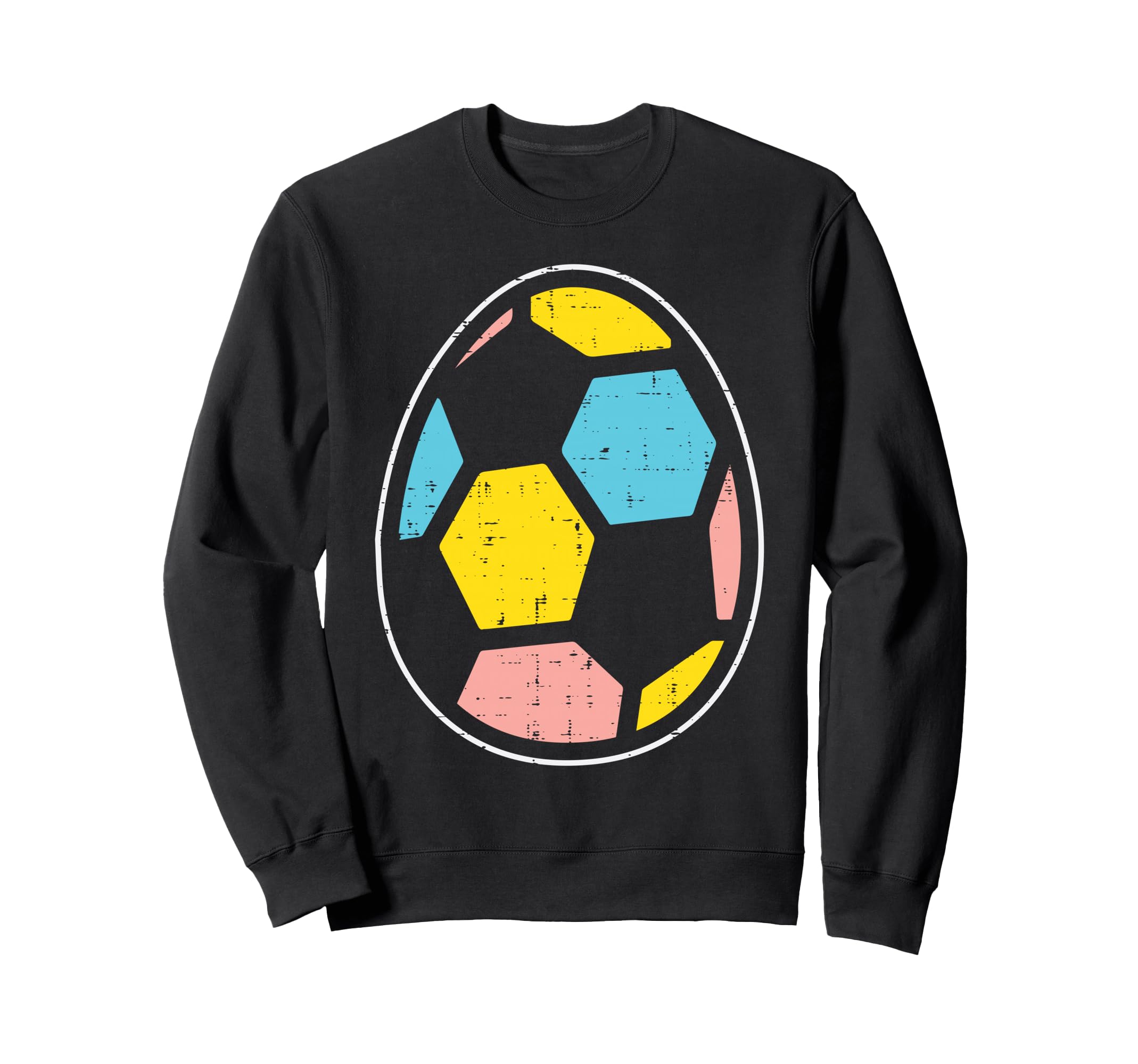 Black sweatshirt with colorful soccer ball egg graphic on front