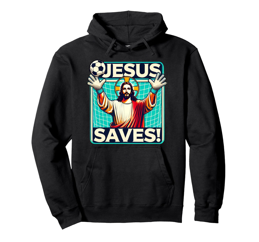 Black graphic hoodie with teal soccer goalie Jesus Saves print