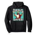 Black graphic hoodie with teal soccer goalie Jesus Saves print