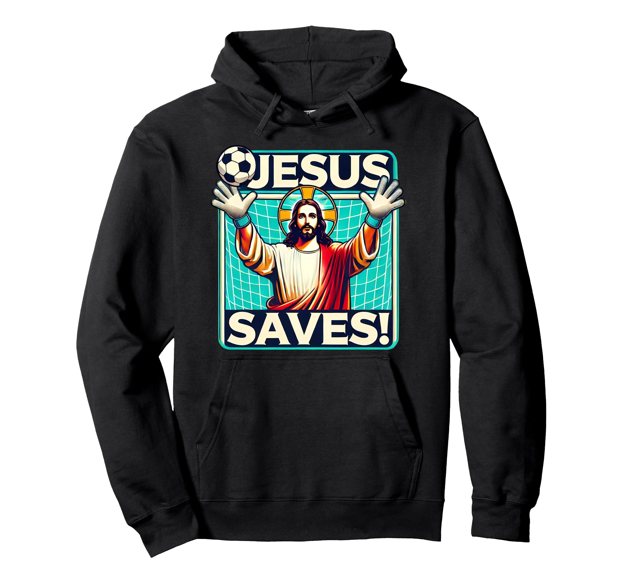 Black graphic hoodie with teal soccer goalie Jesus Saves print