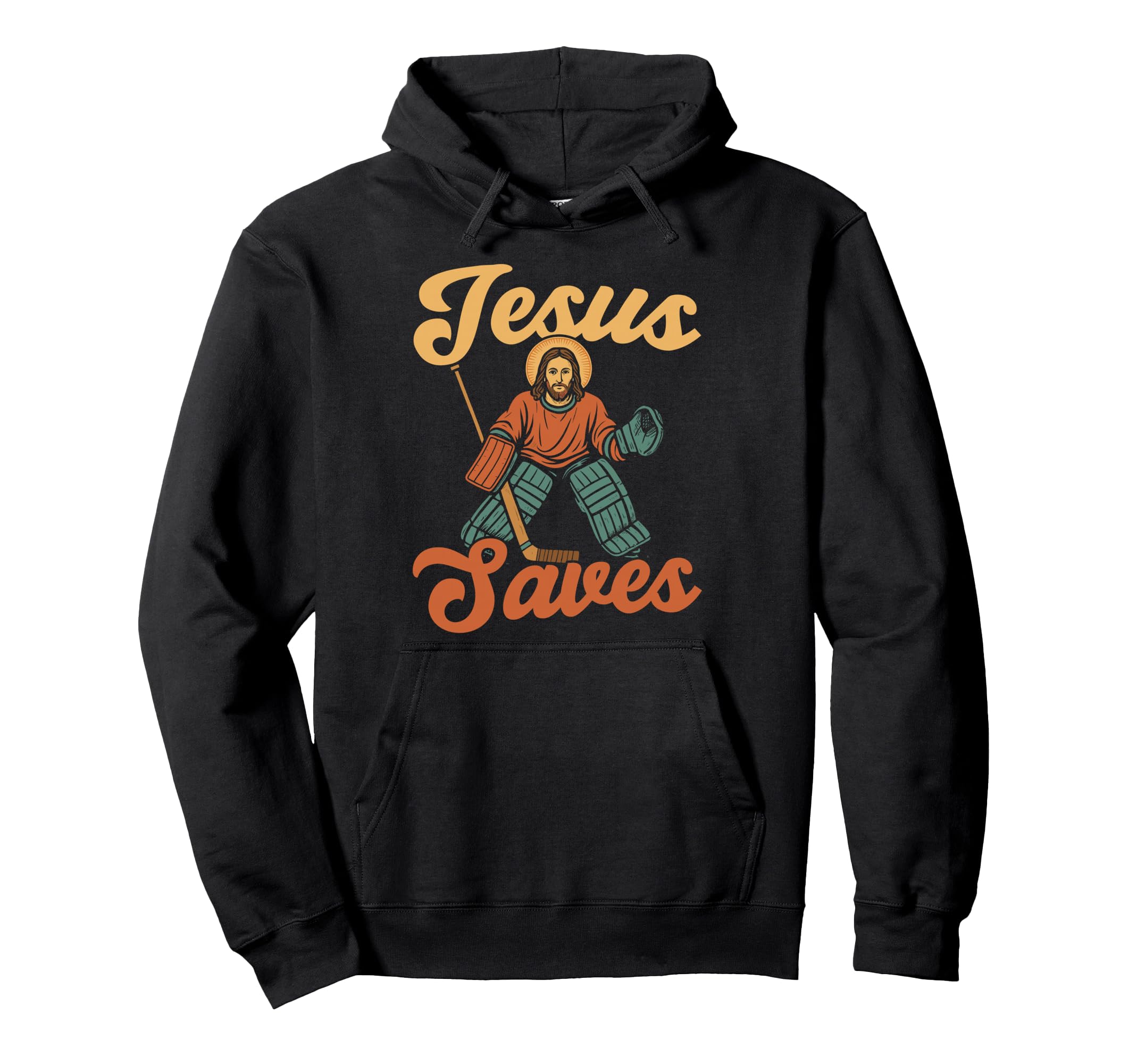 Black hoodie with Jesus Saves graphic, pullover hood and front kangaroo pocket