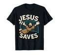 Black T-shirt with 'JESUS SAVES' graphic and soccer player illustration