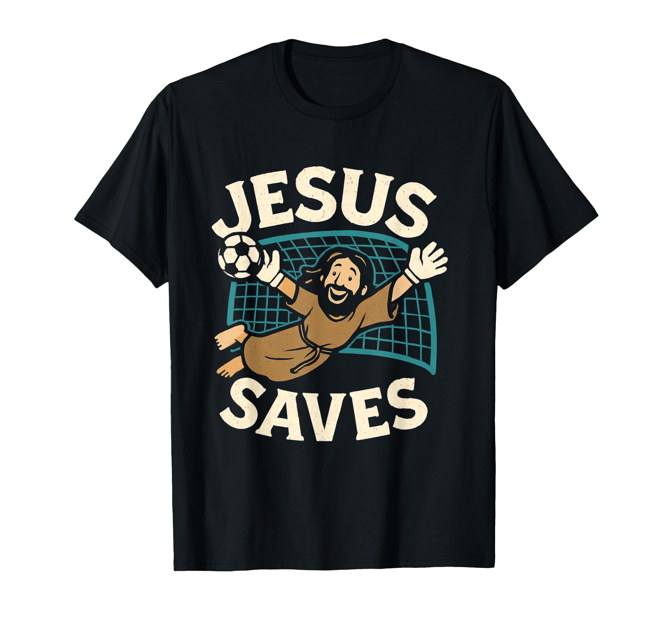 Black T-shirt with 'JESUS SAVES' graphic and soccer player illustration