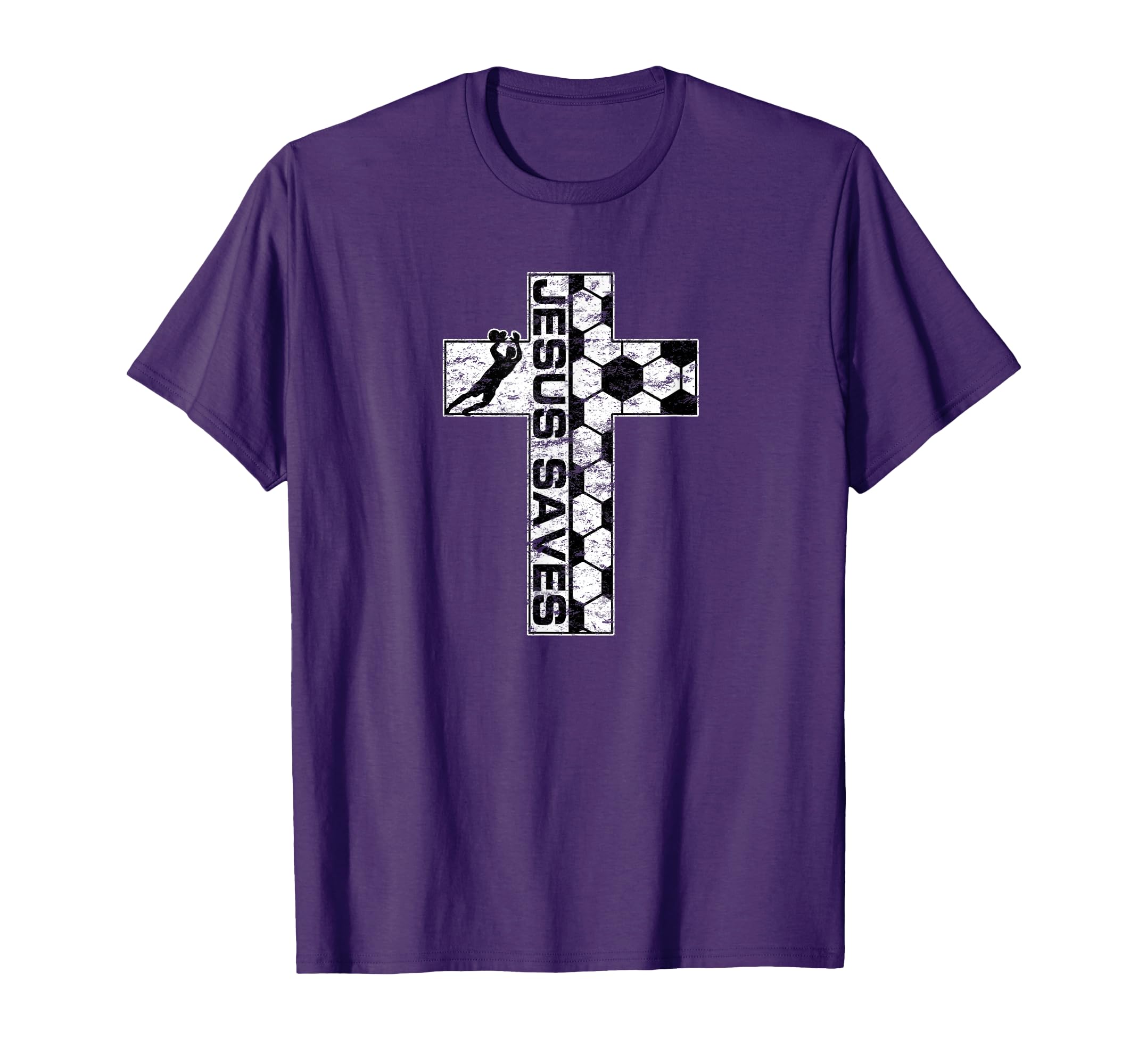 Purple graphic goalie cross T-shirt with soccer ball and 'JESUS SAVES' text