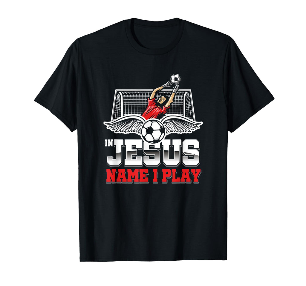 Black T-shirt with soccer ball graphic and red/white Jesus Name I Play print