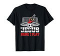 Black T-shirt with soccer ball graphic and red/white Jesus Name I Play print