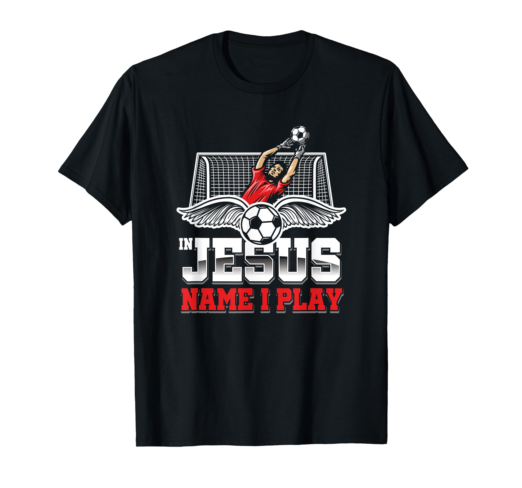 Black T-shirt with soccer ball graphic and red/white Jesus Name I Play print