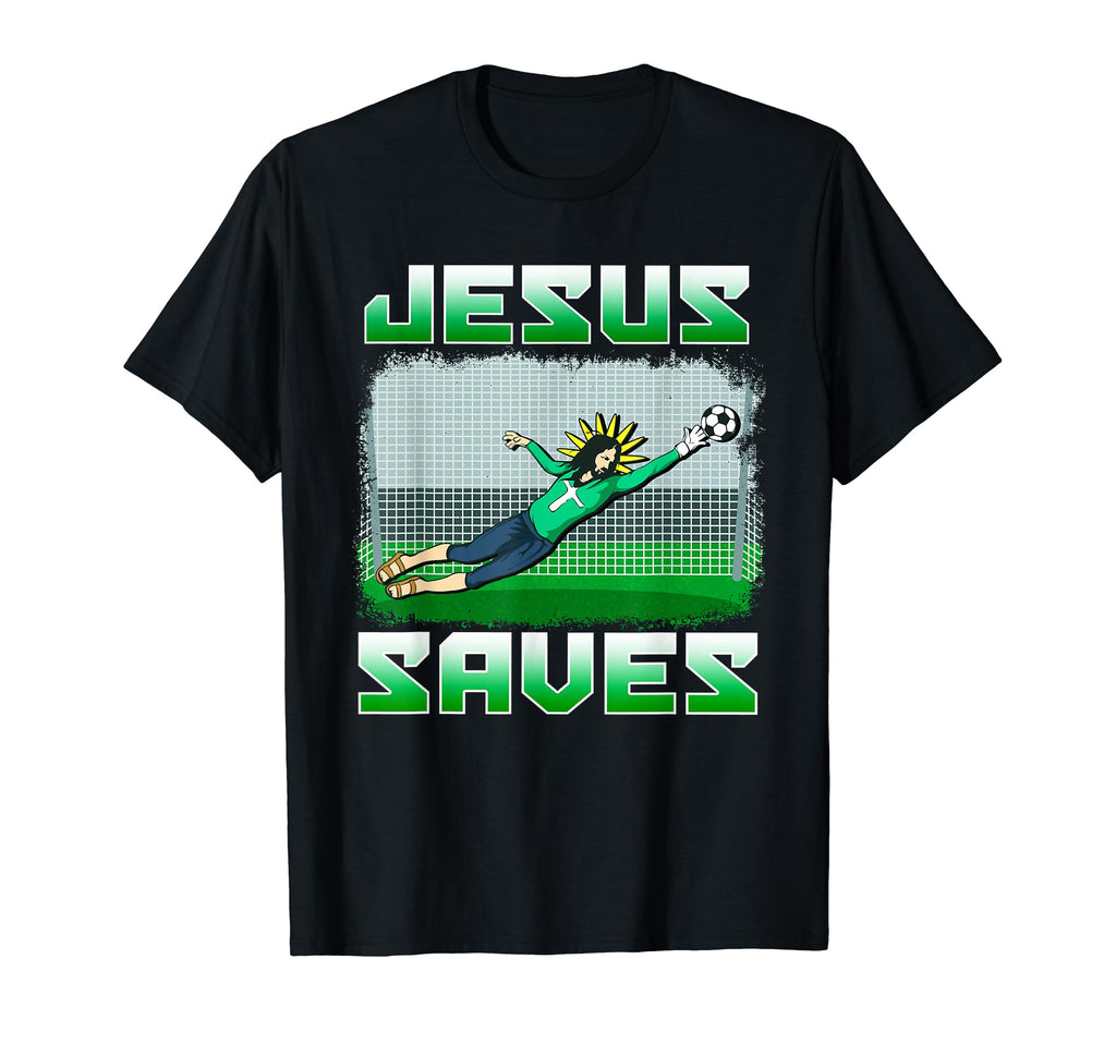 Black unisex T-shirt with Jesus Saves goalie soccer graphic, short sleeves