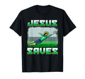 Black unisex T-shirt with Jesus Saves goalie soccer graphic, short sleeves