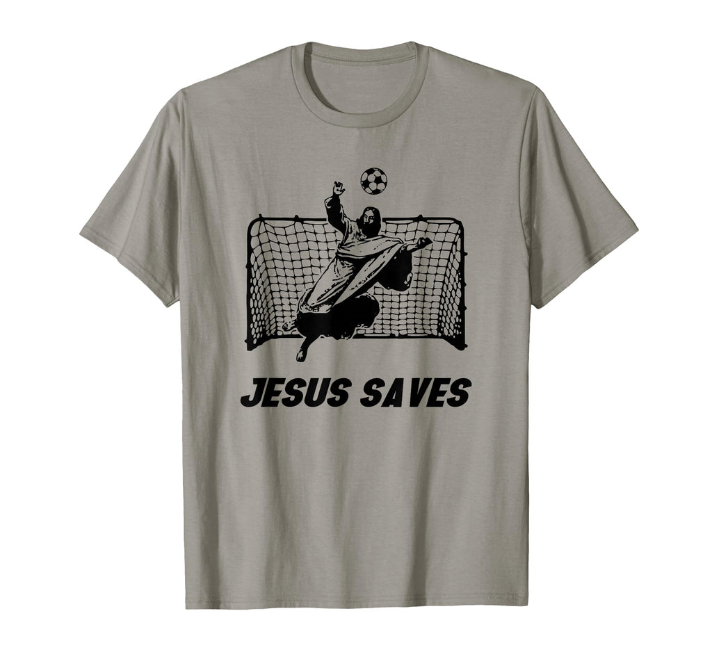 Gray T-shirt with soccer goal graphic and "JESUS SAVES" text