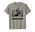 Gray T-shirt with soccer goal graphic and "JESUS SAVES" text