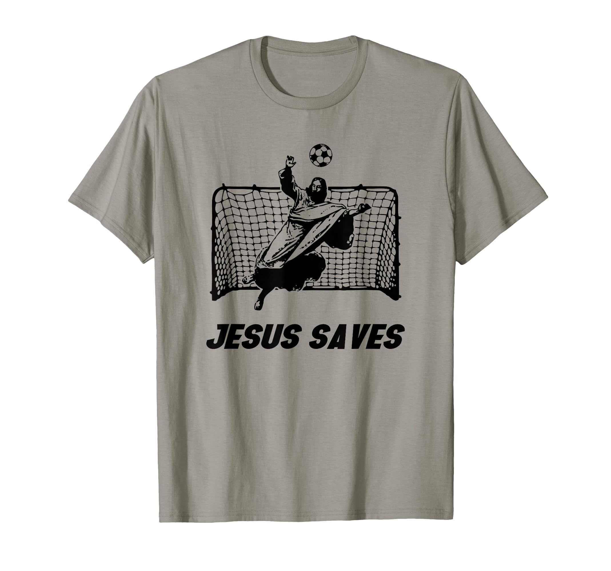 Gray T-shirt with soccer goal graphic and "JESUS SAVES" text