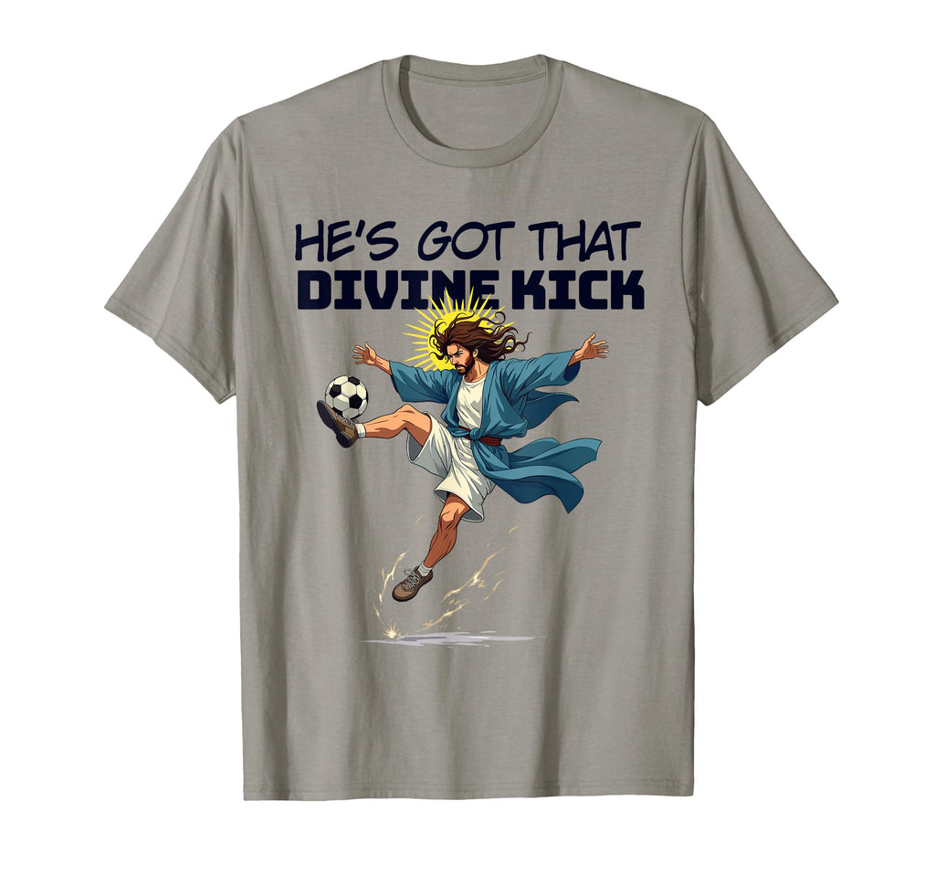 Light gray crew-neck T-shirt with soccer Jesus kick graphic on front