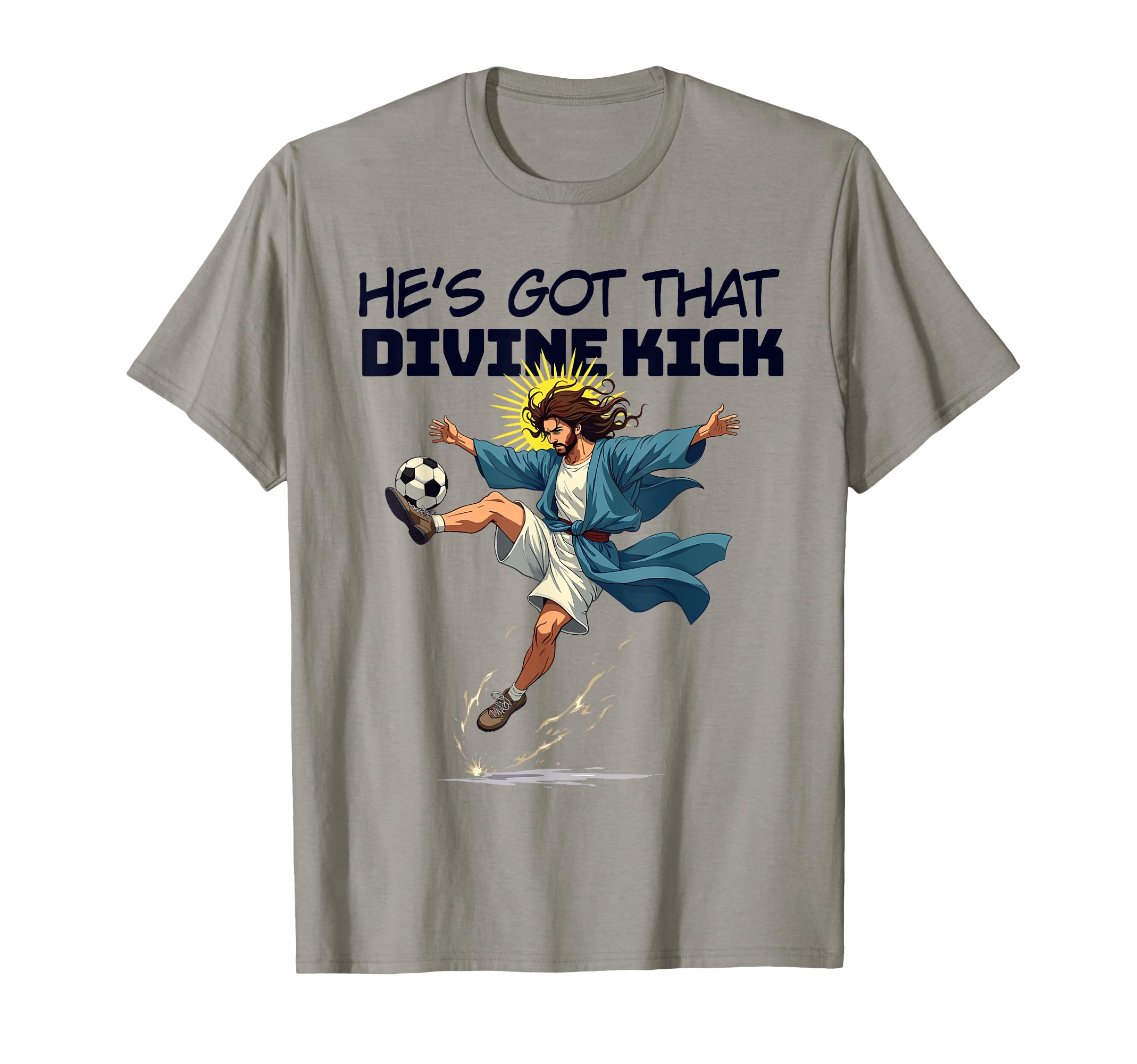 Light gray crew-neck T-shirt with soccer Jesus kick graphic on front