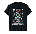 Black T-shirt with Merry Christmas soccer tree graphic front print.