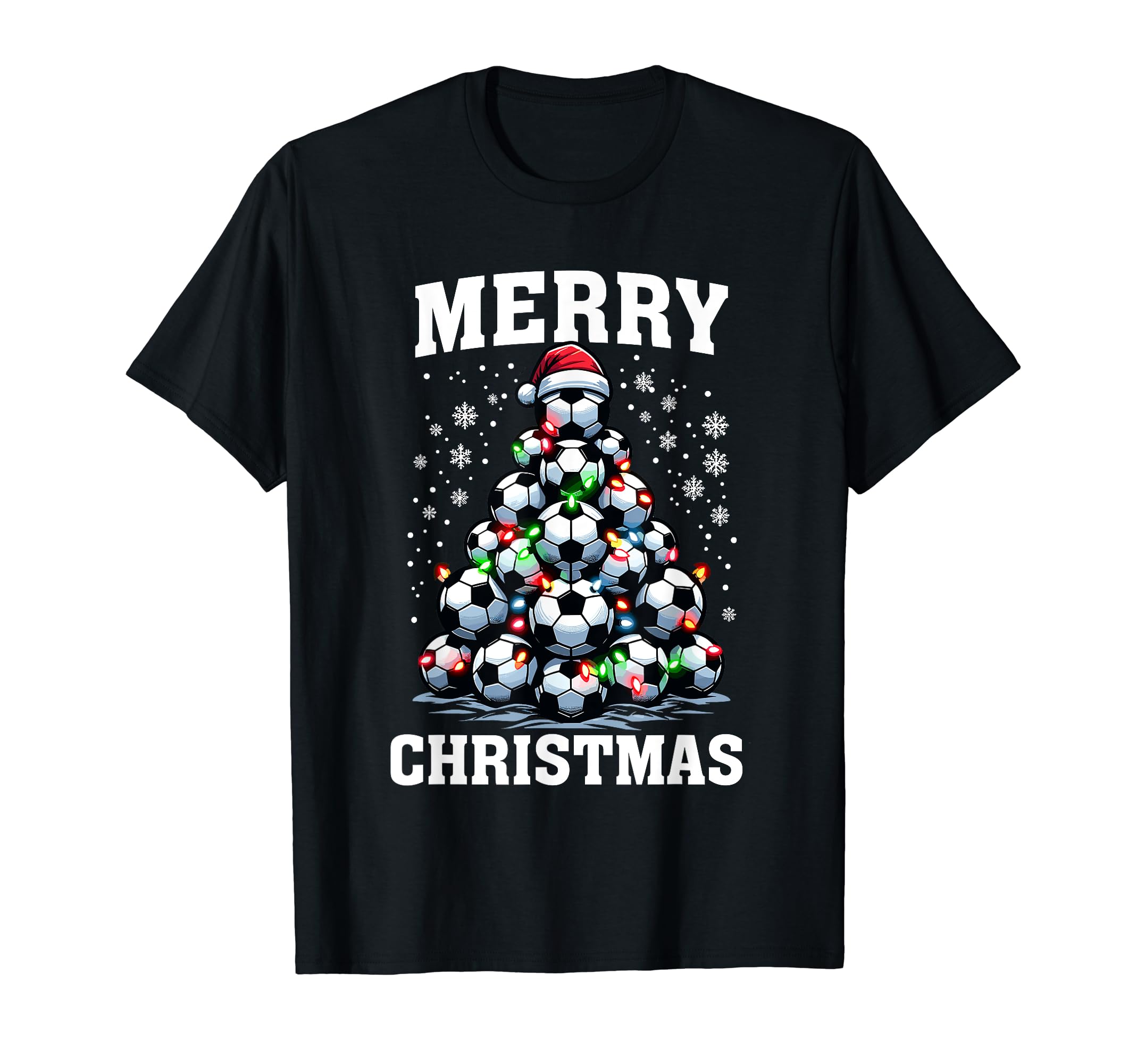 Black T-shirt with Merry Christmas soccer tree graphic front print.