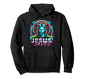 Black pullover hoodie with colorful Jesus Saves graphic on chest.