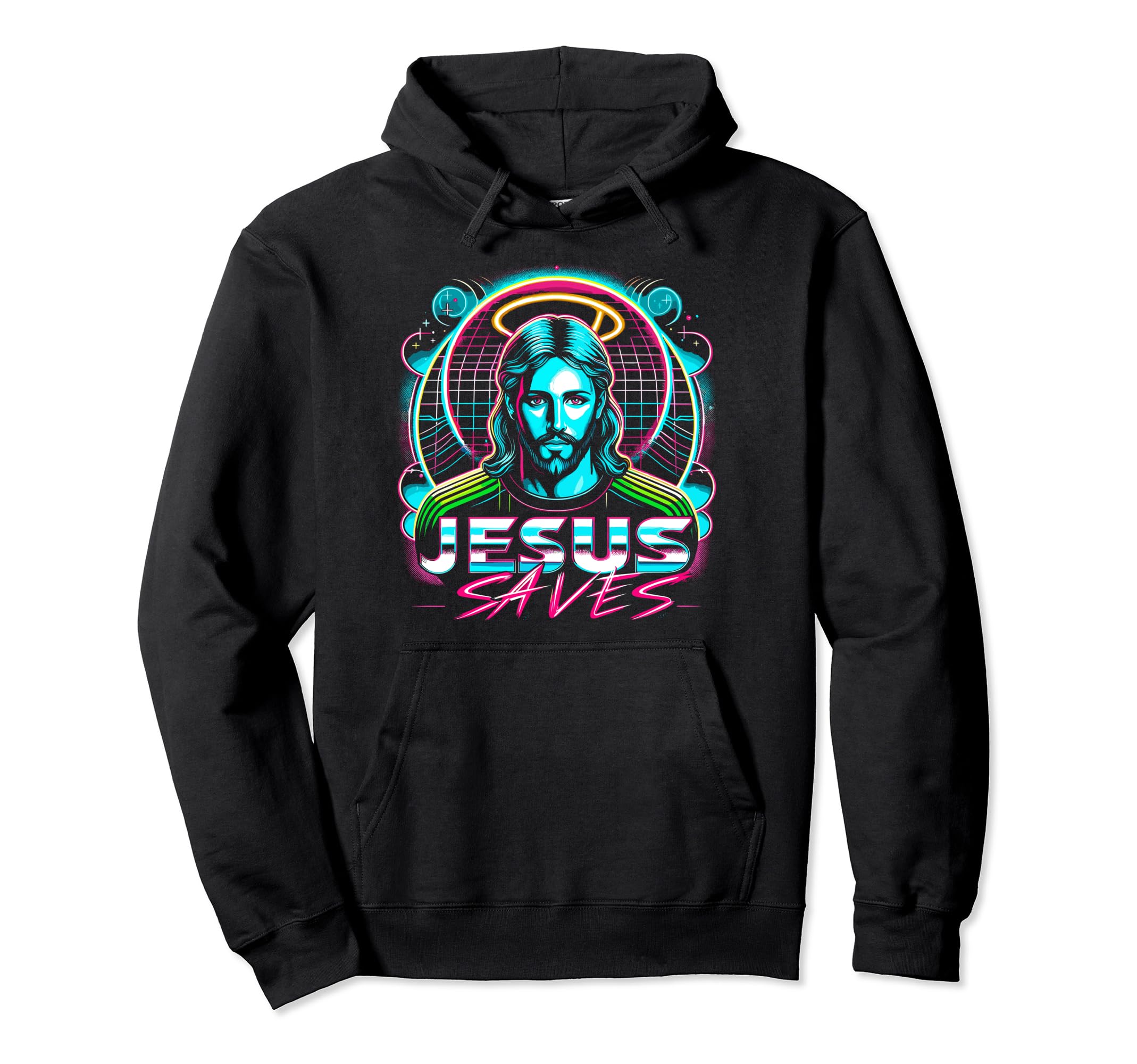 Black pullover hoodie with colorful Jesus Saves graphic on chest.