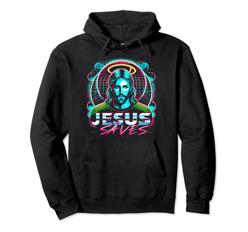 Black pullover hoodie with colorful Jesus Saves graphic on chest.