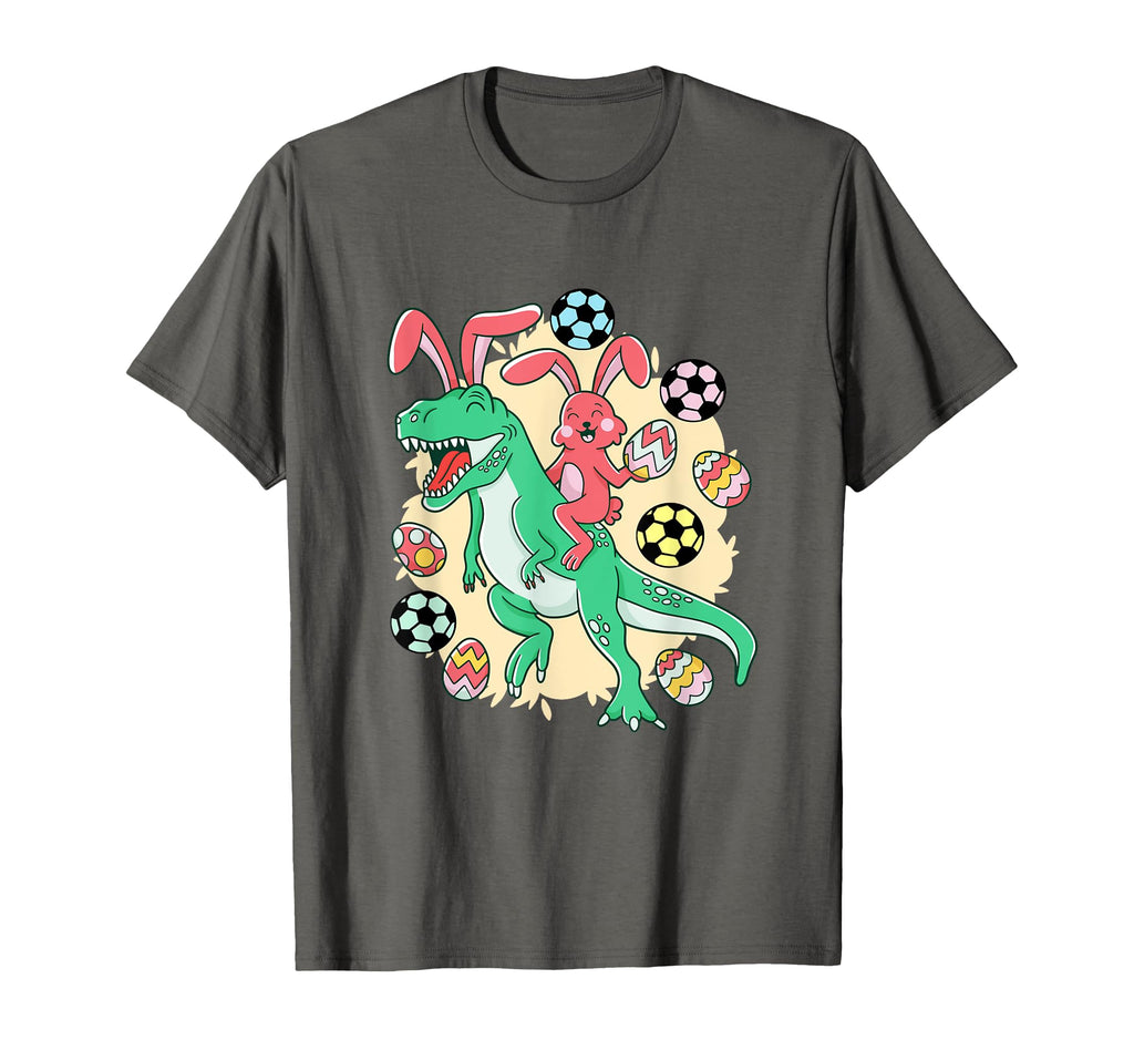 Dark gray T-shirt with colorful bunny riding green dinosaur over soccer balls