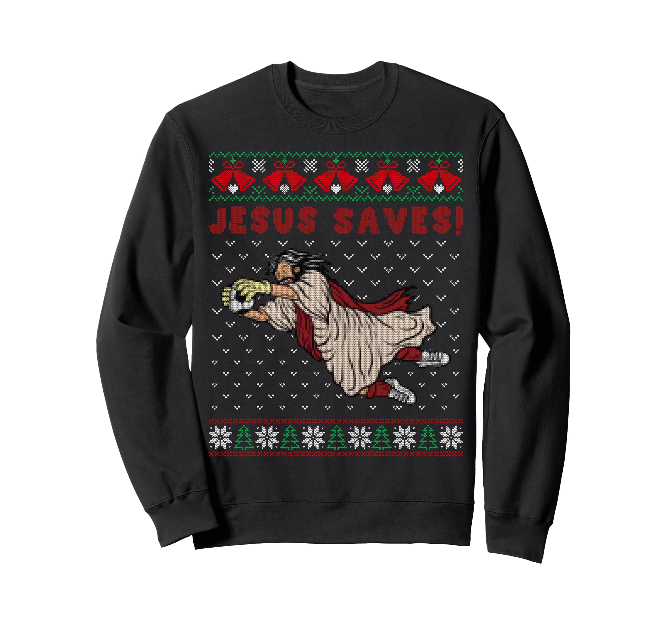 Black sweatshirt with football goalkeeper 'Jesus Saves' graphic