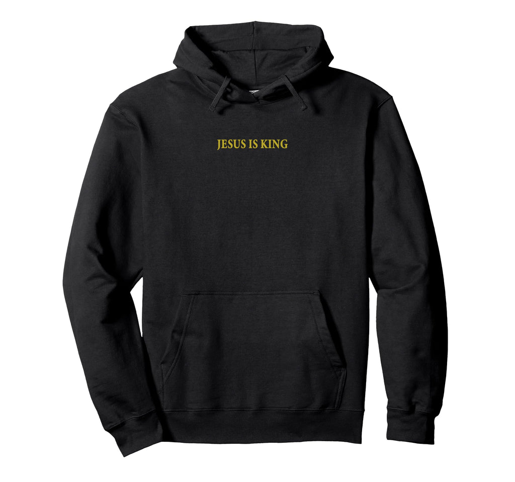 Unisex black pullover hoodie with 'JESUS IS KING' yellow chest print