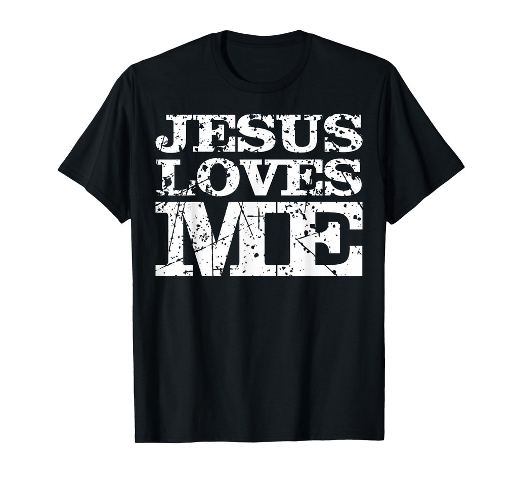 Black T-shirt with white distressed 'JESUS LOVES ME' graphic