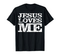 Black T-shirt with white distressed 'JESUS LOVES ME' graphic
