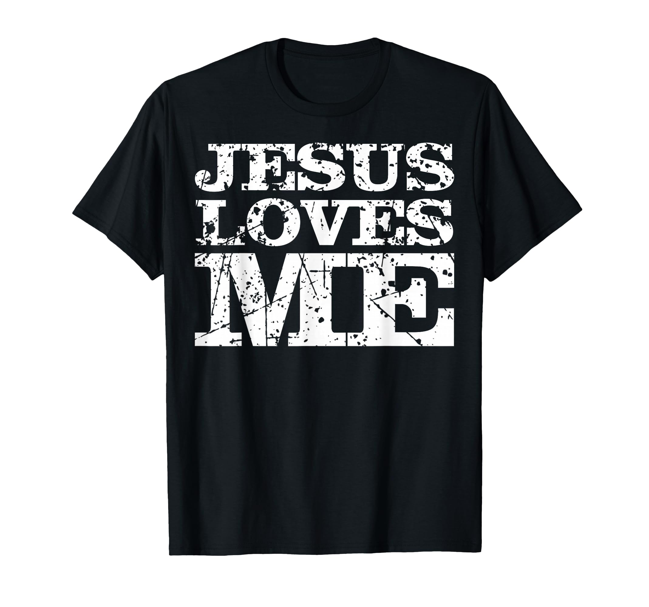 Black T-shirt with white distressed 'JESUS LOVES ME' graphic