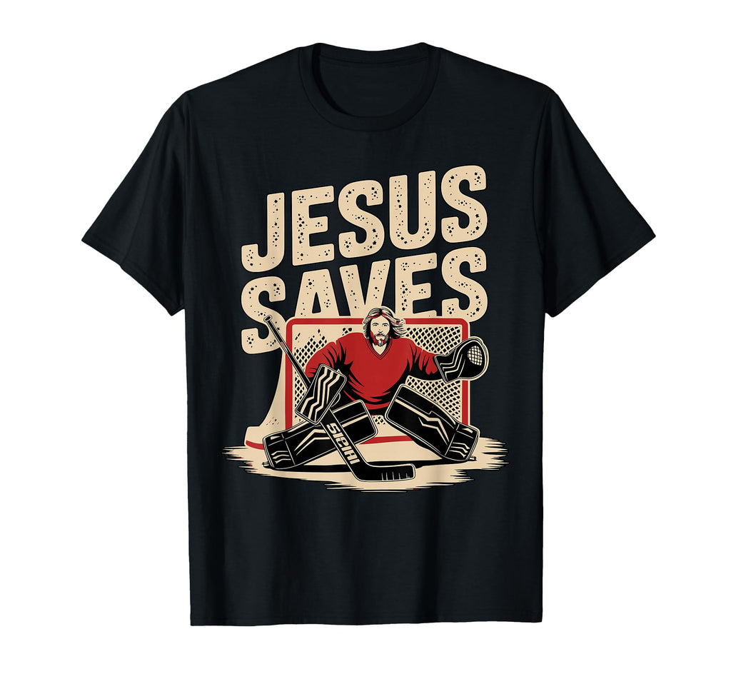 Black unisex T-shirt with 'JESUS SAVES' goalie graphic