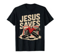 Black unisex T-shirt with 'JESUS SAVES' goalie graphic