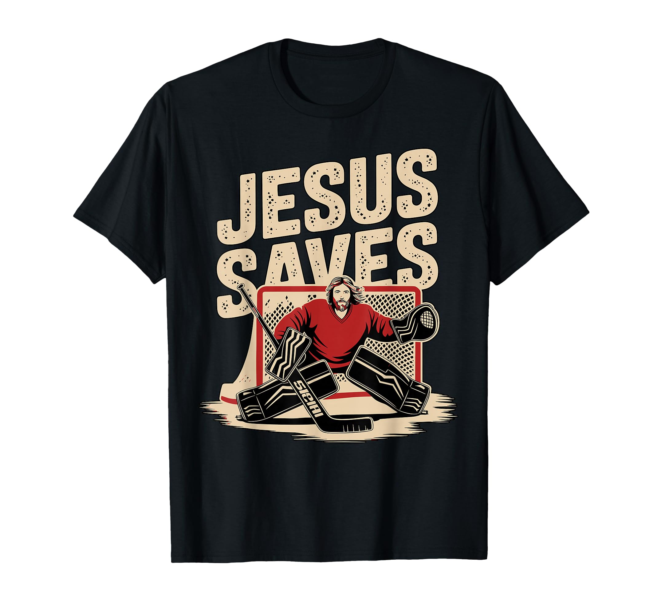 Black unisex T-shirt with 'JESUS SAVES' goalie graphic