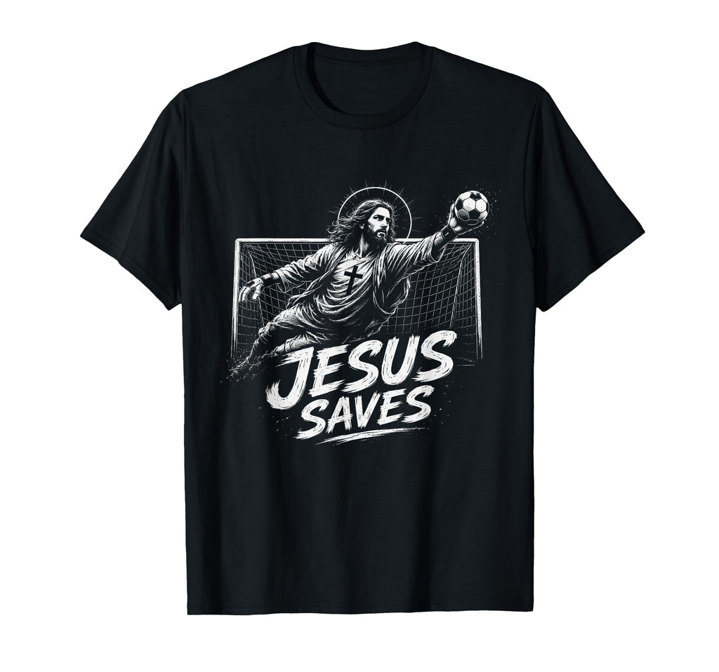 Black unisex T-shirt with Jesus goalie graphic and soccer ball print