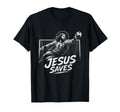 Black unisex T-shirt with Jesus goalie graphic and soccer ball print