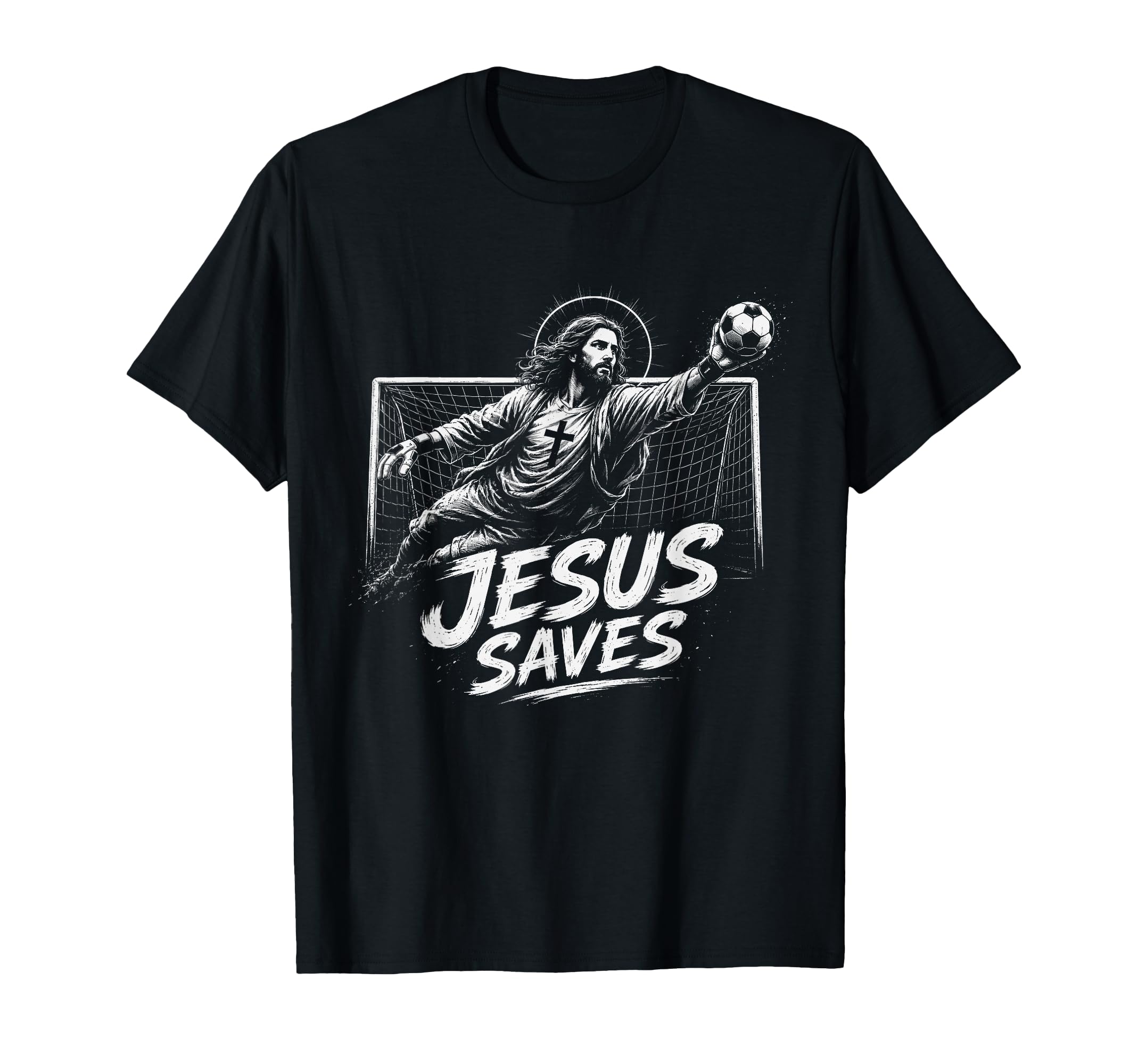 Black unisex T-shirt with Jesus goalie graphic and soccer ball print