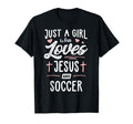Black unisex T-shirt with white and pink 'Just a Girl who loves Jesus and Soccer' text