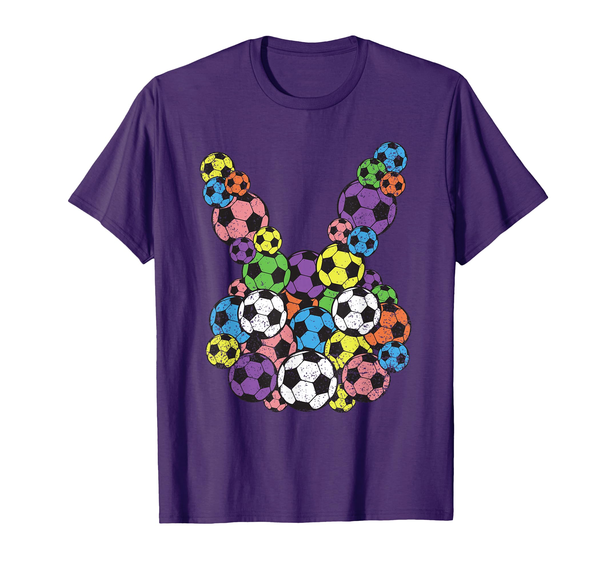 Purple T-shirt with colorful soccer-ball bunny graphic
